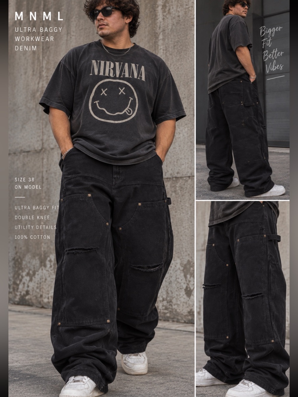 MNML Ultra Baggy Workwear Double Knee Jeans Streetwear Grunge Baggy
